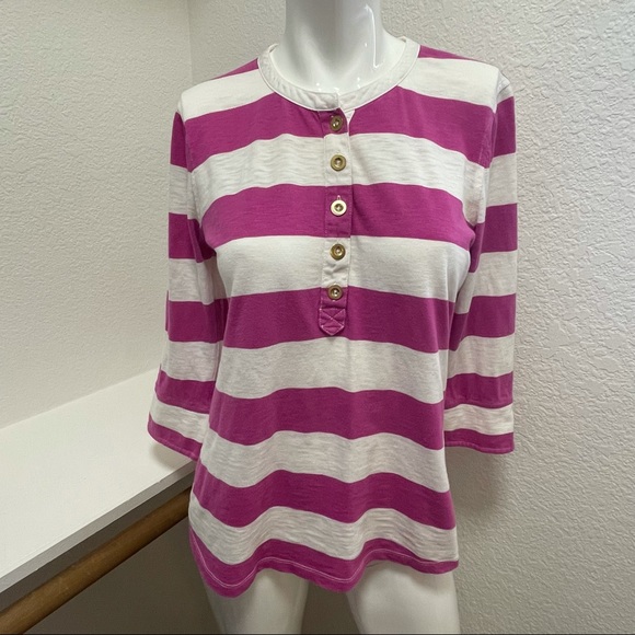 J.CREW Pink & White Ringspun Striped Henley Sz M - Picture 2 of 5